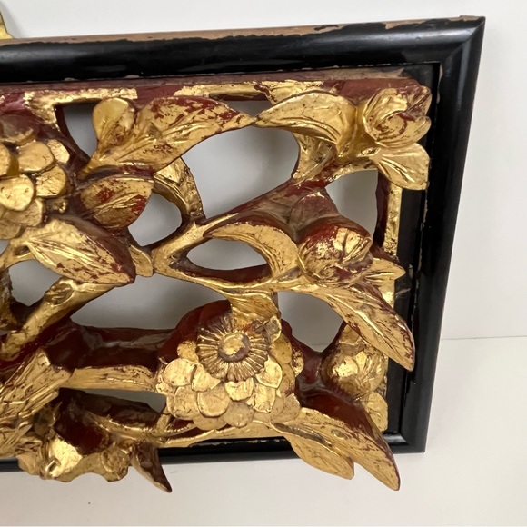 Asian Hand Carved Gilt Wooden Bird Floral Art Hanging 13” x 8” Wall Panel Decor - Picture 6 of 16